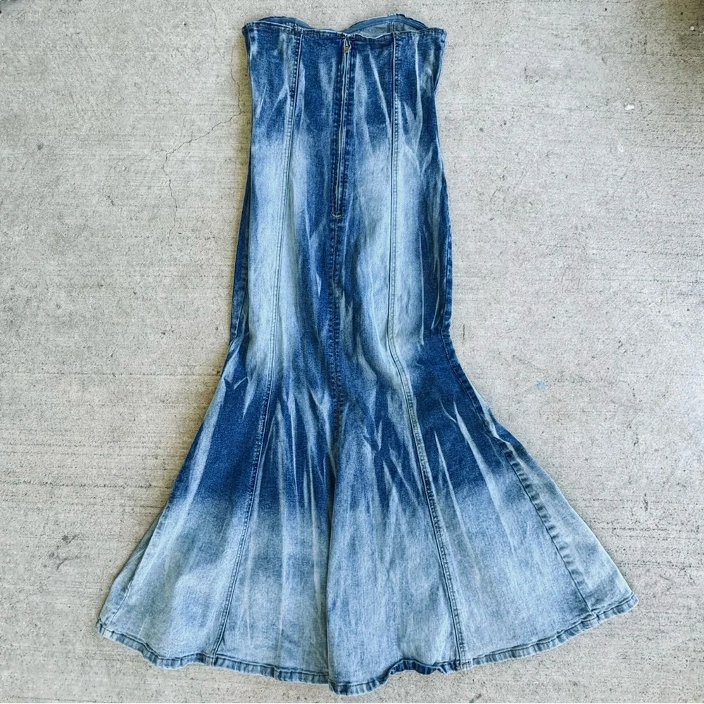 AKIRA Long Sexy Strapless Stone Washed Mermaid Denim Dress w/ Front Slit 0/XS - Picture 2 of 6